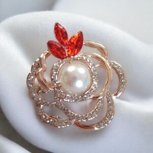 Elegant Rose Gold Pearl and Red Crystal Brooch